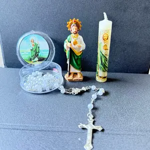 San Judas tadeo gift set. San Judas prayer rosary, San Judas statue and San Judas tadeo candle. Great for gifting or baptism.