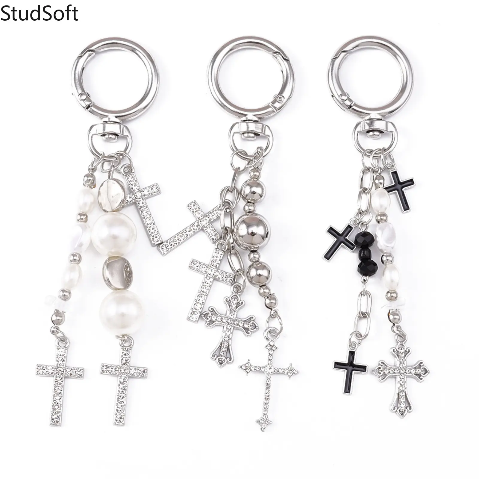 2026 New Creative Pearl-Rhinestone Cross Keychain, Beaded Key Ring, Sports & Outdoor Accessory, Bag Charms,back to school,back to school haul