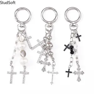 2026 New Design: Creative Pearl & Rhinestone Cross Keychain — Beaded Key Ring and Bag Charm/Accessory