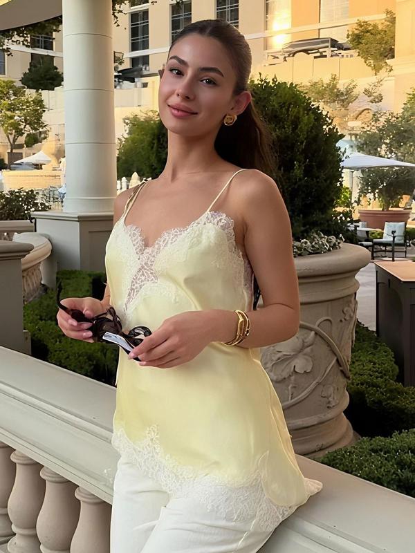 Women Summer Lace Asymmetrical Top Tanks & Camis Sleeveless Top With Open Back Crisscross Back Tank Cute Camisole Street Style Casual Tops Black Yellow Slip Top Vacation Spot Party Blue Top