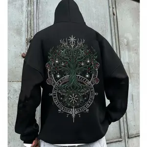 Limited Retro Vintage Norse Tree of Life Vegvisir Christmas Ornament Graphic Hoodie Oversized Unisex Streetwear Hooded Sweatshirt for Men Women Nordic Mythology Winter Holiday Design