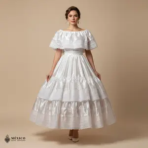 White Traditional Mexican Lace Dress Set – Two-Piece Satin Folklore Outfit