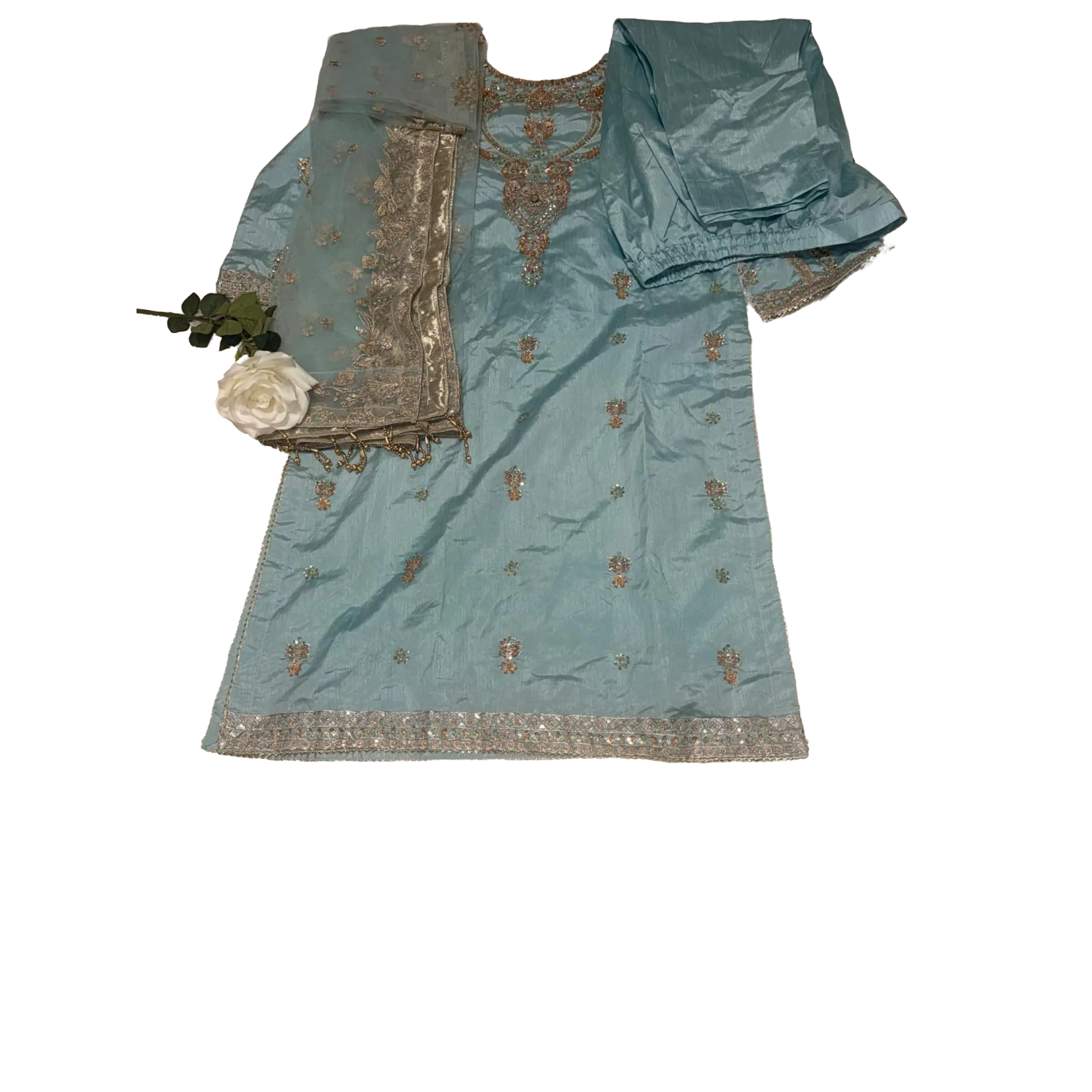 Sky Blue Embroidered 3-Piece Suit kameez, Dupatta, and Pants | Elegant Festive & Wedding Wear
