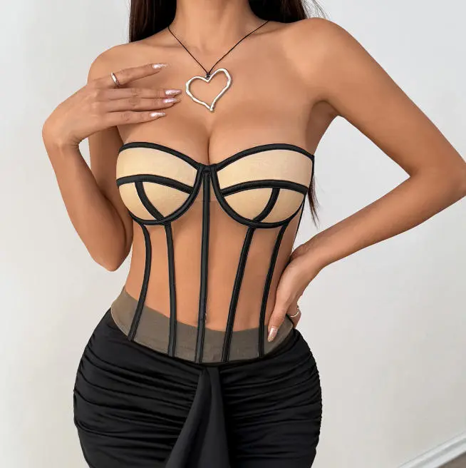 Women's Sexy Strapless Mesh Corset Top, Underwire Sheer Bustier Crop Top, Lace Up Back Waist Cinching Going Out Clubwear