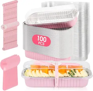 100 Pack 6.8oz Mini Cake Pans with Lids and Spoons, Disposable Aluminum Foil Individual Small Baking Containers for Party, Wedding, Birthday