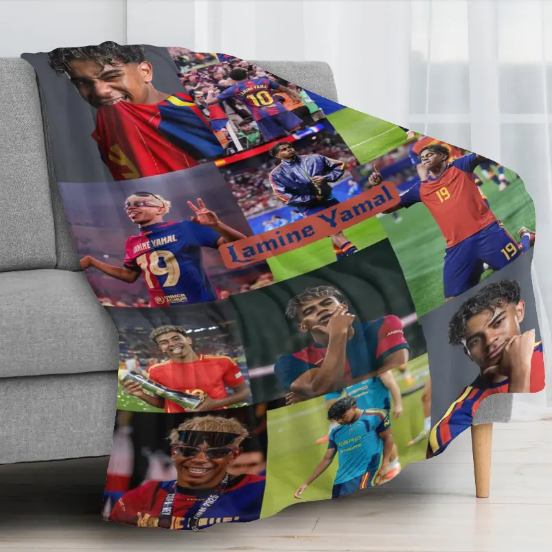Lamine Yamal Soccer Star Soft Flannel Throw Blanket, Red Blue Football Player Collage for Sports Bedrooms and Match-Day Lounges, Cozy Sofa Accent for Game Nights & Birthday Holiday Gift for Football Fans and Soccer Supporters