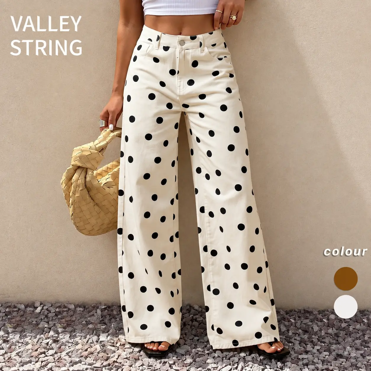 Women’s fashionable polka dot pants, casual athletic bottoms with a retro wash effect and unique print design—elegant, versatile, and trendy, suitable for everyday wear, street photography, walks, shopping, and travel.