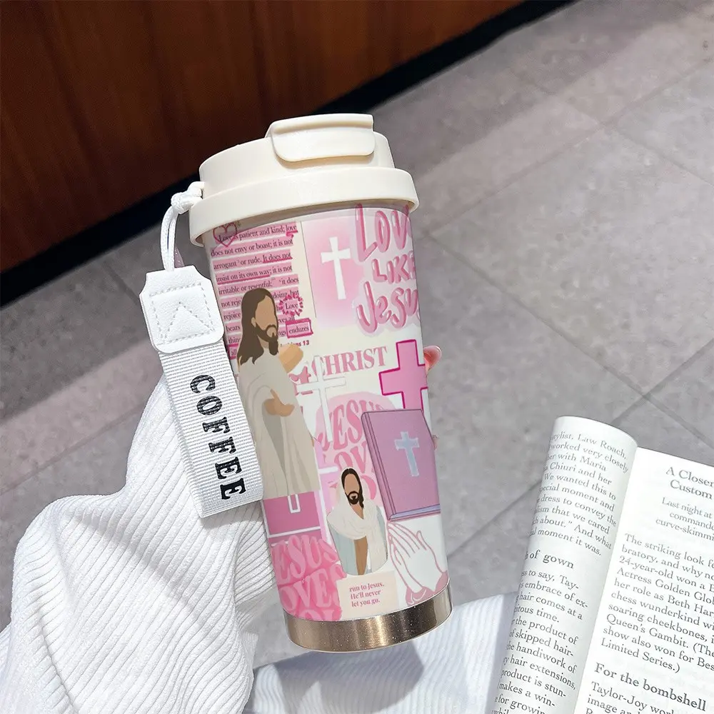 Religious Cross Coffee Cup, 530ML Insulated Travel Mug with Straw and Lid, Leak-Proof Handle, Travel Mugs Insulated For Hot And Cold, Suitable for Hot/cold Drinks, Leakproof Insulated Tumbler