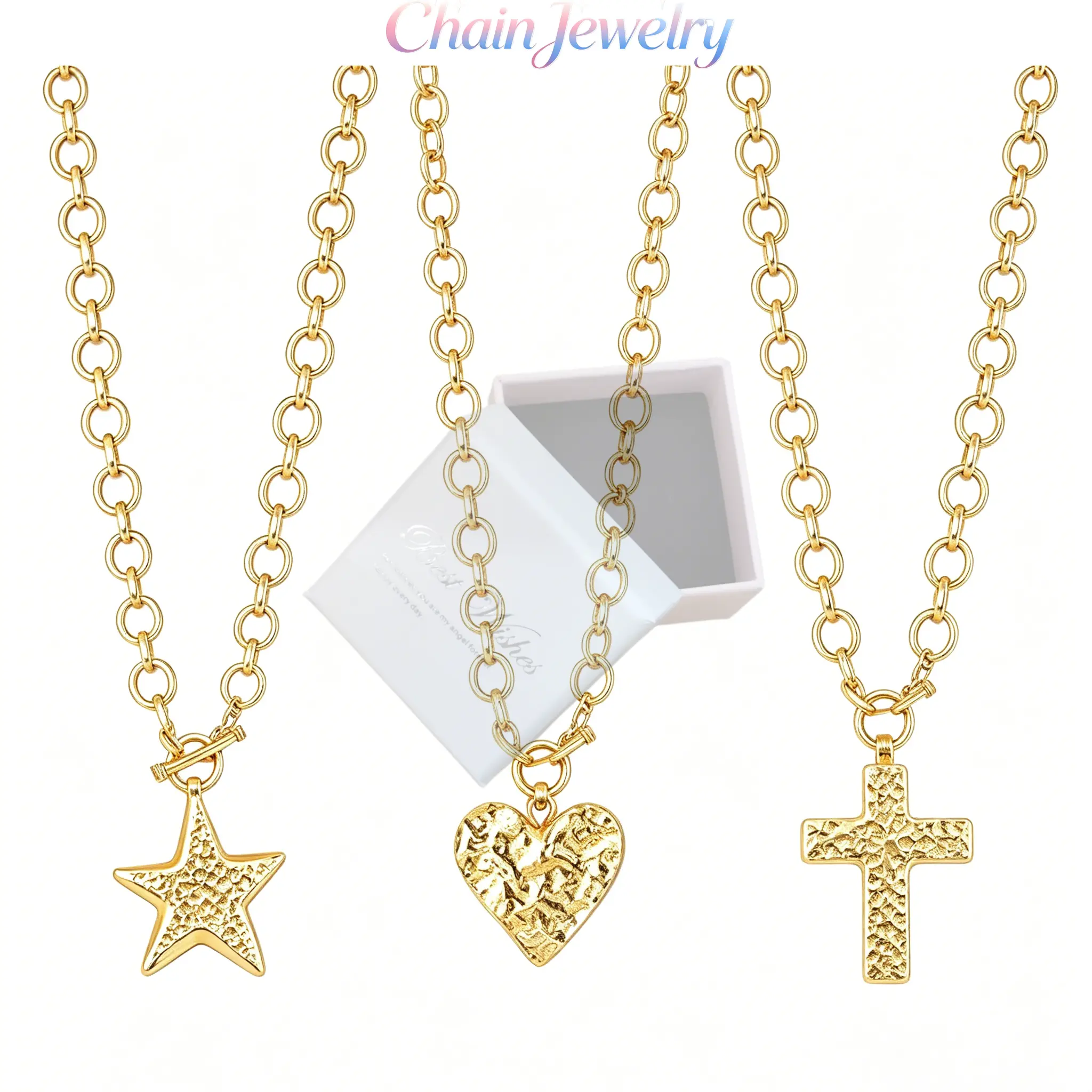 Star Cross Heart Pendant Necklace Set for Women Chunky Gold Chain Toggle Clasp Necklaces Jewelry for Daily Wear Party Gifts