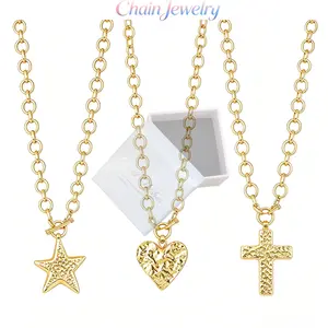 Star Cross Heart Pendant Necklace Set for Women Chunky Gold Chain Toggle Clasp Necklaces Jewelry for Daily Wear Party Gifts