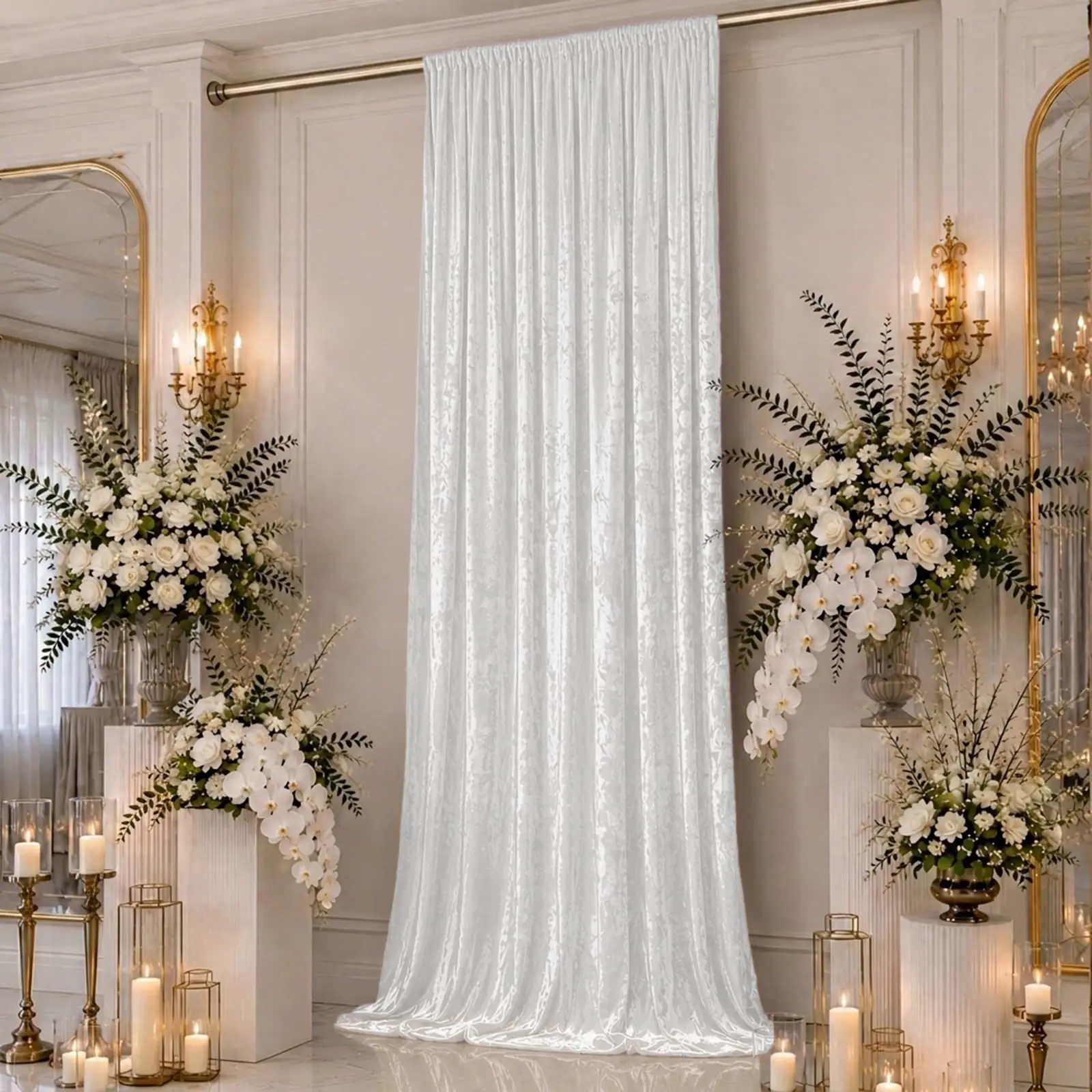 5ft x 16ft White Premium Crushed Velvet Backdrop Curtain - Single Panel Event Decor for Banquets Halls, Wedding Stage, 70% Blackout Ceiling Drapery with Rod Pocket