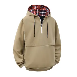 Men's Casual Hooded Cardigan Sweatshirt Trendy Hoodie Versatile Style Plaid Pattern Accents Comfortable Fabric Beige Black