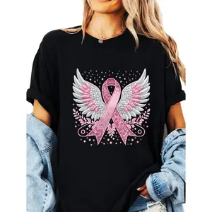 Pink Black Support Cause Breast Cancer Awareness Ribbon Angel Wings Print Lightweight Breathable Round Neck Casual Summer Cotton T shirt