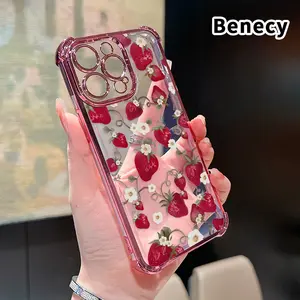 Electroplated Four Corner Anti-Fall Retro Strawberry Pattern Phone Case for iPhone 16 Pro Max 15 Plus 14 13 12 11 E Shockproof Transparent Protective Cover