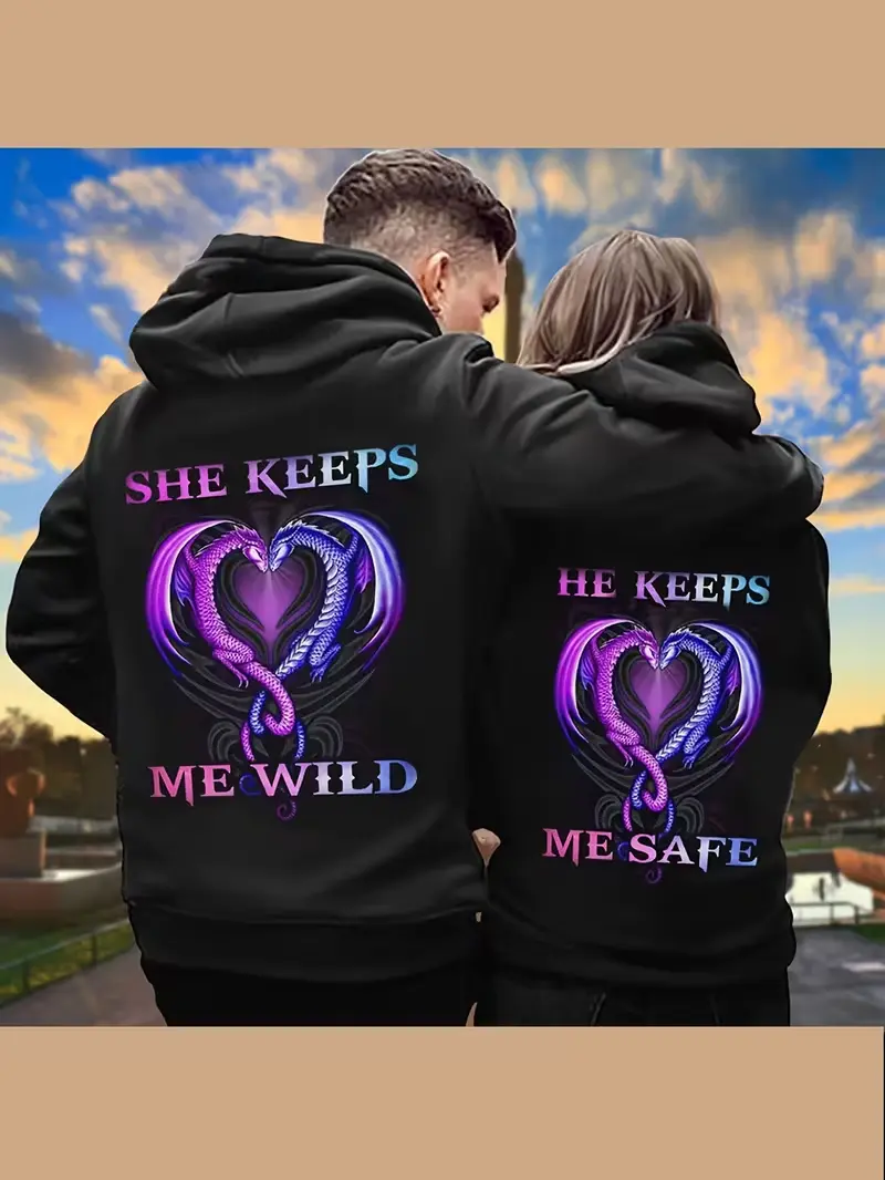 1PC He Keeps Me Safe Dragon Heart Back Print Fleece Pullover Hoodie, Fantasy Couple Quote Streetwear Long Sleeve Sweatshirt For All Seasons