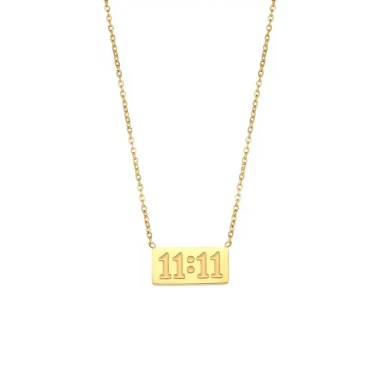 11:11 Necklace with rectangular pendant plate, fine polished stainless steel, 18 carat gold plated, jewelry with numbers