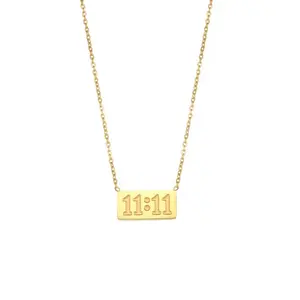 11:11 Necklace with rectangular pendant plate, fine polished stainless steel, 18 carat gold plated, jewelry with numbers