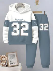 Boys Fashion Digital 32 Number Pattern 3D Printed Casual Hoodie Set, Long Sleeve Sports Wear, Spring Fall Winter Outdoor Hoodies