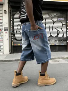 Men's Street Style Denim Loose Fit Vintage Embroidered Shorts, Floral Pattern, Comfortable and Stylish, Perfect for Casual Wear