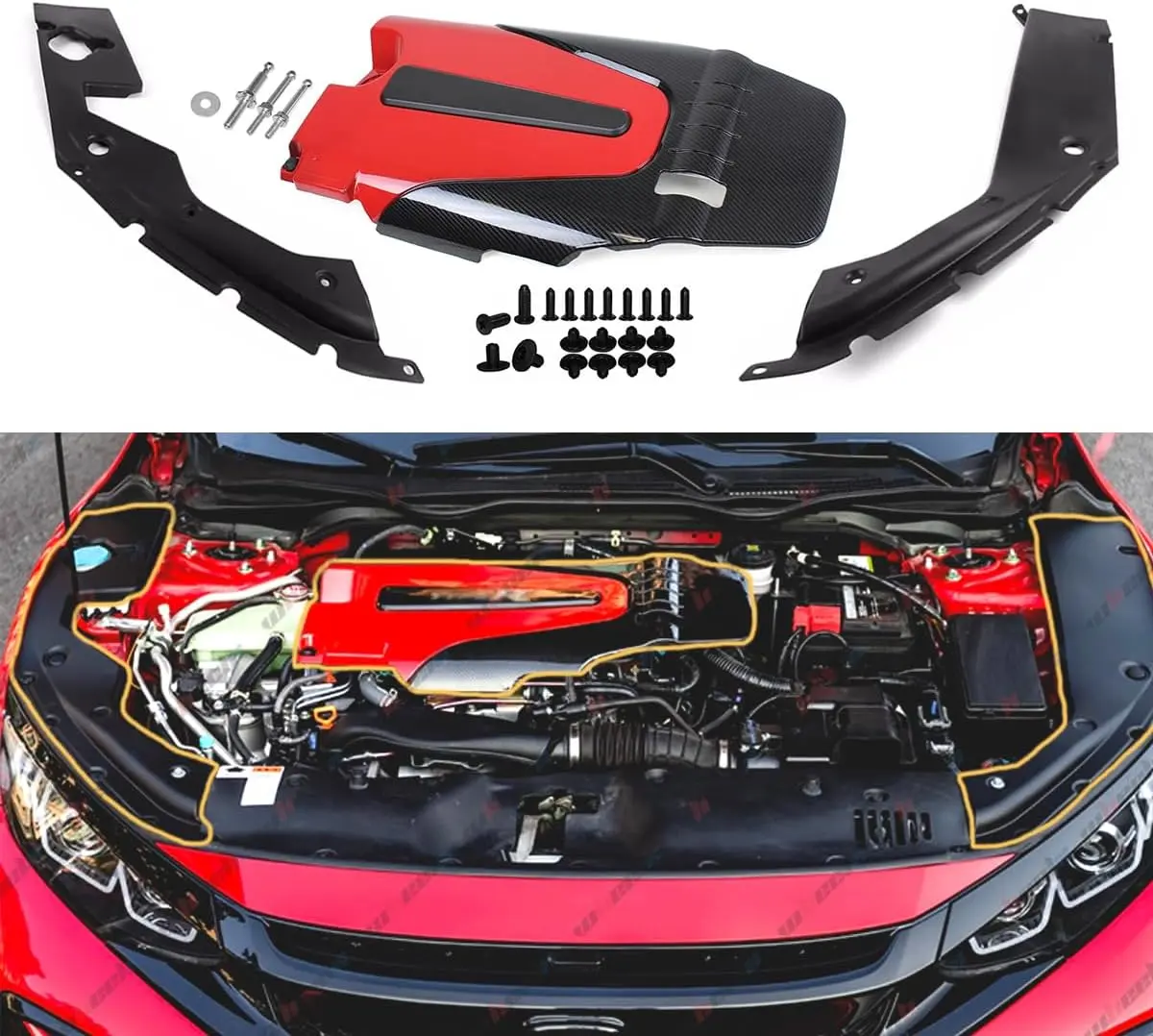Engine Valve Cover & Engine Bay Side Panels Compatible with 2016-2020 Honda Civic 1.5t Engine, Red Black