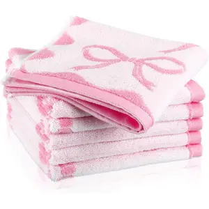 6 Pcs Pink Bow Washcloths 100% Cotton 13" x 13" Coquette Small Face Towels Absorbent Soft Preppy Wash Cloths & Hand Bath Towels for Bathroom, Spa, Kitchen Drying Cleaning