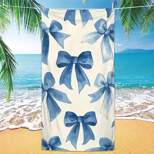 Blue Bow Watercolor Print Quick-Dry Beach Towel, Non-Shedding Pool Swim Absorbent Bath Sheet, Portable Vacation Towel