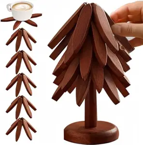 Handmade Wooden Heat-Resistant Mat Set, Natural Tree-Shaped Coaster Combo, Durable Walnut Wood Material, Foldable Heat-Resistant Kitchen Table Mat, Suitable for Pots, Pans, Dishes, and Teapots