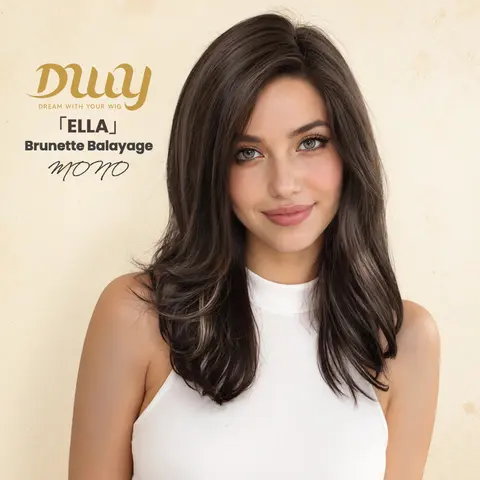 Ella -DWY Mono Lace Free Part Shoulder Length Dark Brown with Chunky Platinum Highlights Glueless Synthetic Wig for Women 20 Inches Heat Friendly & Versatile Styling