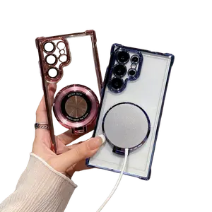 Four Corners Anti Drop Transparent Electroplated Magnetic Stand Protective Case For Samsung Galaxy S25 S24 S23 S22 Ultra Plus FE galaxy s25 s24 s23 s22