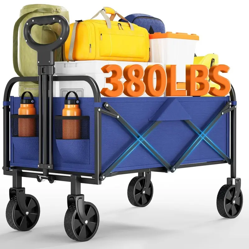 Wagons Carts Foldable 380 LBS, Utility Collapsible Wagon with All-Terrain Wheels, Drink Holders & Adjustable Handle, for Shopping, Camping, Blue