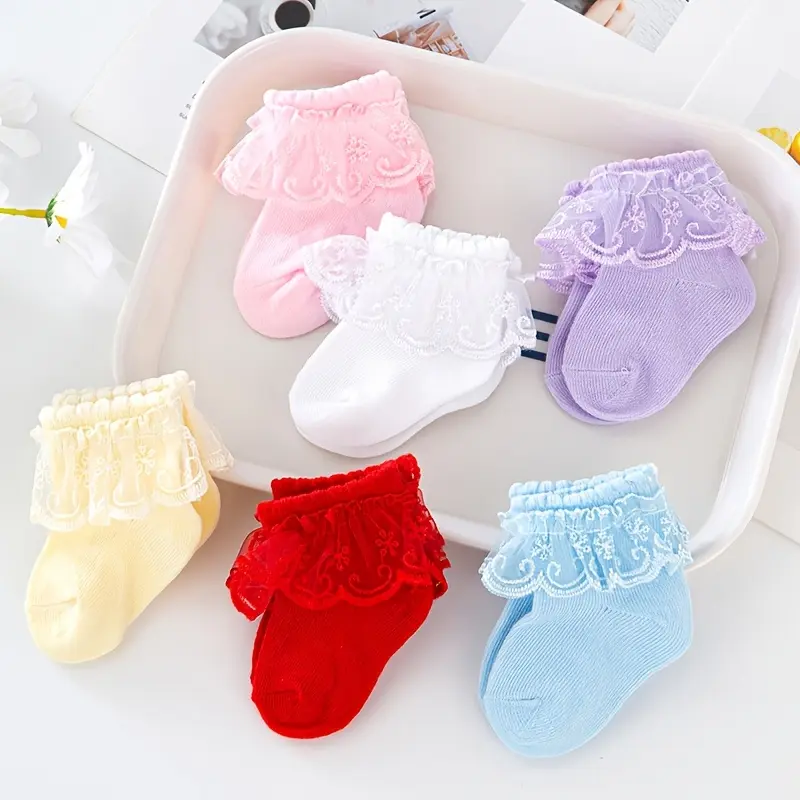 6 Pairs of Baby Girls' Short Lace Socks, Ruffle Socks, Princess Socks