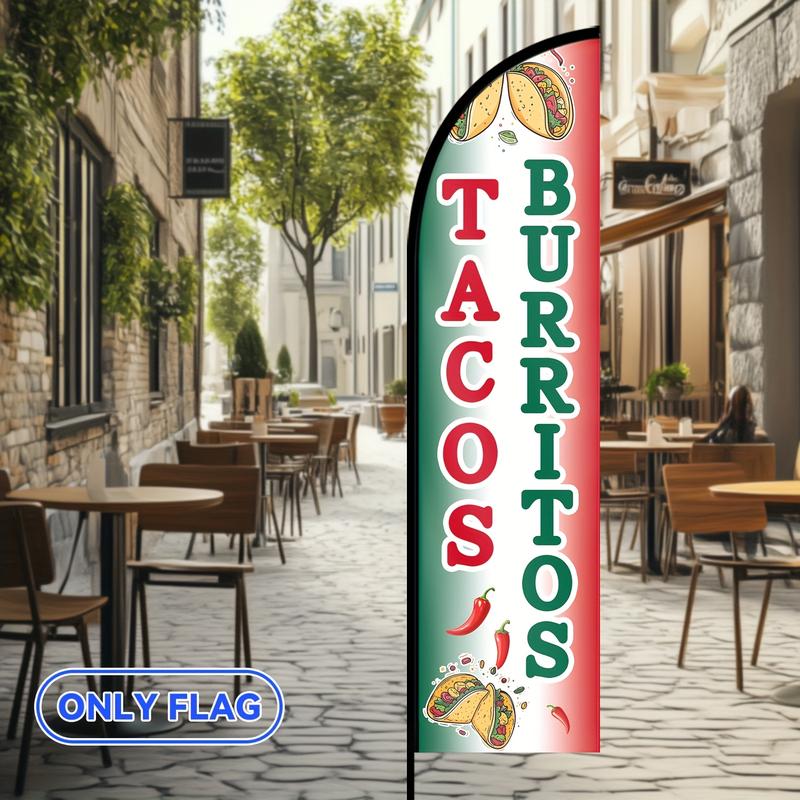 1pc Tacos Burritos Feather Flag, Mexican Food Banner, Taco Truck Sign, Street Food Advertising Flag, Fast Food Outdoor Display, Food Stand Feather Sign, Polyester Fabric, Flag Only, No Pole