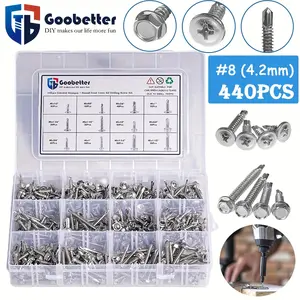 440pcs #8 Self Tapping Screws Silver for Metal Assortment Kit, 410 Stainless Steel Self Drilling Sheet Metal Screws, 2 Type Head (Hex Washer Head/Phillips Round Head) 1/2'' to 1-1/2'' Sheet Metal Screws for Metal Wood Plastic