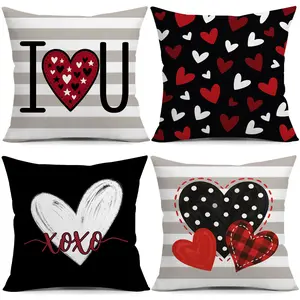 4pcs, Valentine's Day Throw Pillow Covers, Black & White Heart & Love Lettering Design, Cushion Cover Decoration for Couch Sofa, Home Decor, Bedroom Decorative Accessories, Single Sided Printing, No Pillow Core
