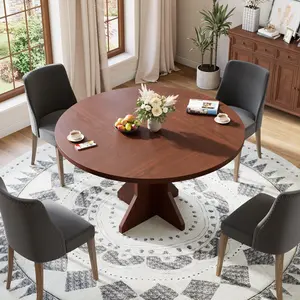 Walnut Round Dining Table for 4-6 People - 47" Circle Kitchen Dinner Table with Sturdy Pedestal Base, Small Spaces Dinning Room Furniture for Living Room, Kitchen, Apartment