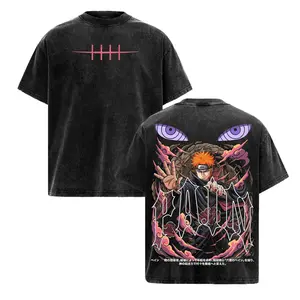 Vintage Washed Anime Graphic Tee Oversized Streetwear T-Shirt Men Women Akatsuki Pain Nagato Six Paths Rinnegan Eye Japanese Manga Apparel Y2K Fashion Heavyweight Cotton Top Hip Hop Harajuku Anime Lover Gift Trend Summer Clothes Gym Pump Cover Fit