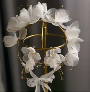 Ethereal Floral Bridal Tiara — Organza Petals & Gold Bead Accents | Limited Edition