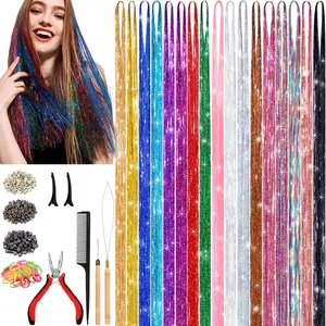 Hair Tinsel Kit 17-Color Tinsel Hair Extensions with Tools Rat Tail Comb Pliers Micro Silicone Link Rings Crochet Hook Threader for Girls Hair Accessories for Halloween Christmas Party