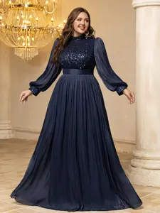 New Plus Size Women's High Neck Lantern Sleeve Beaded Embroidery Chiffon Long Evening Party Dress, Elegant Ruched Waist Gown