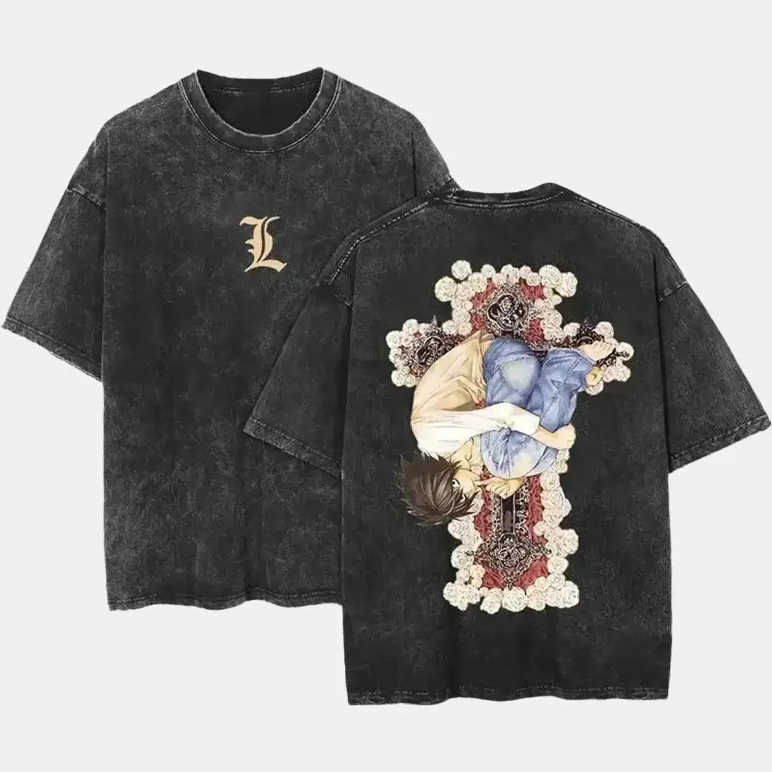 ST 100%cotton Lawliet Death Note L Ryuk Shinigami Light Yagami Anime Vintage Oversized Washed Tee Unisex Manga Washed Heavy Cotton T-shirt Death Note L Lawliet Dark Gothic Grunge Otaku Anime Merch