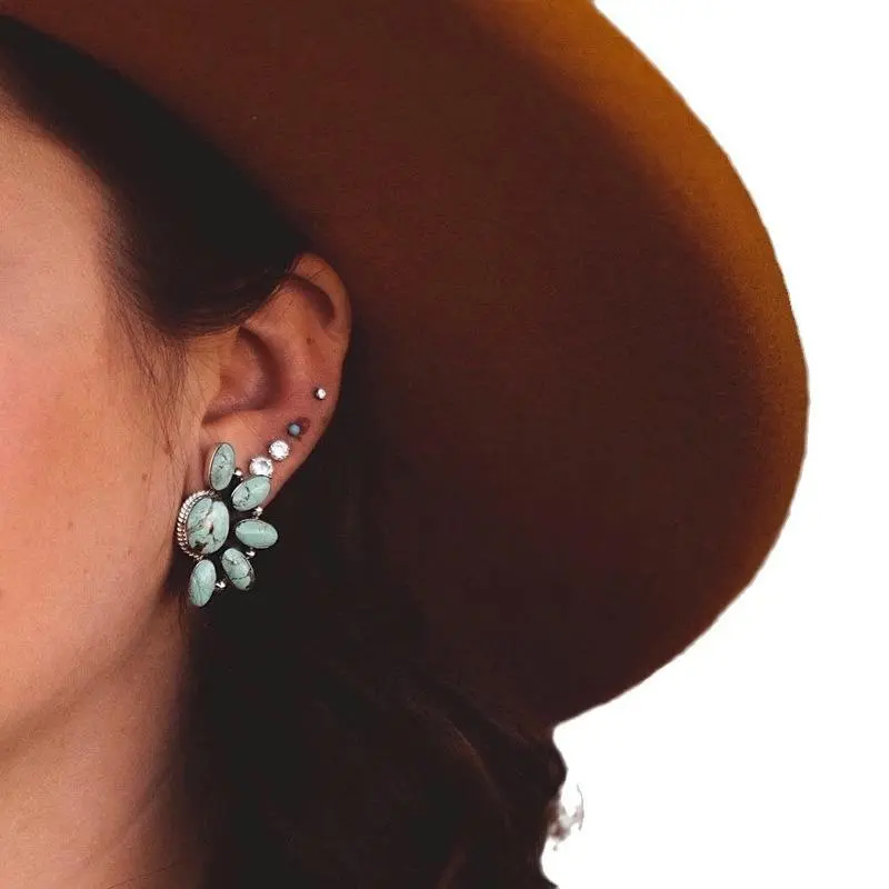 Women's Bohemian Statement Earrings - Geometric Flower Inlay, Simulated Coloured Gemstone (Imitation Turquoise), Vintage Unisex Costume Jewelry for Daily Casual & Evening Wear