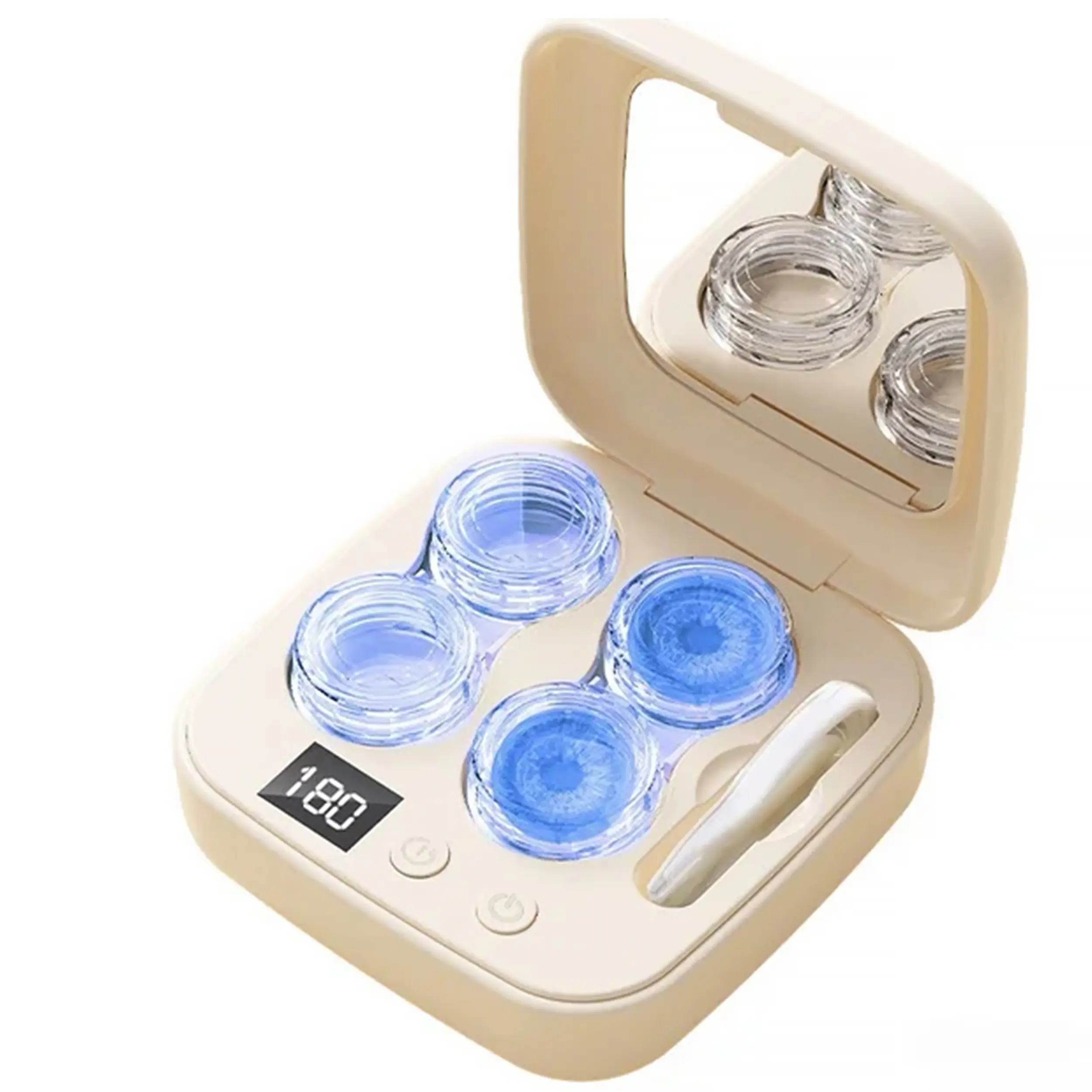 Soft Contact Lens Cleaner with Blue Lights for Moisture Retention, Advanced Cleaning Solution with Electrophoresis Technology, Deep Clean and Rehydrate in 10 Min, with Mirror and Tweezer