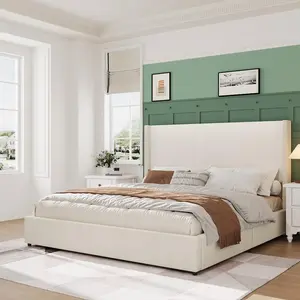 Queen Size Upholstered Platform Bed Frame with Storage Drawers Corduroy Wingback Tufted Headboard and Footboard No Box Spring Needed Beige