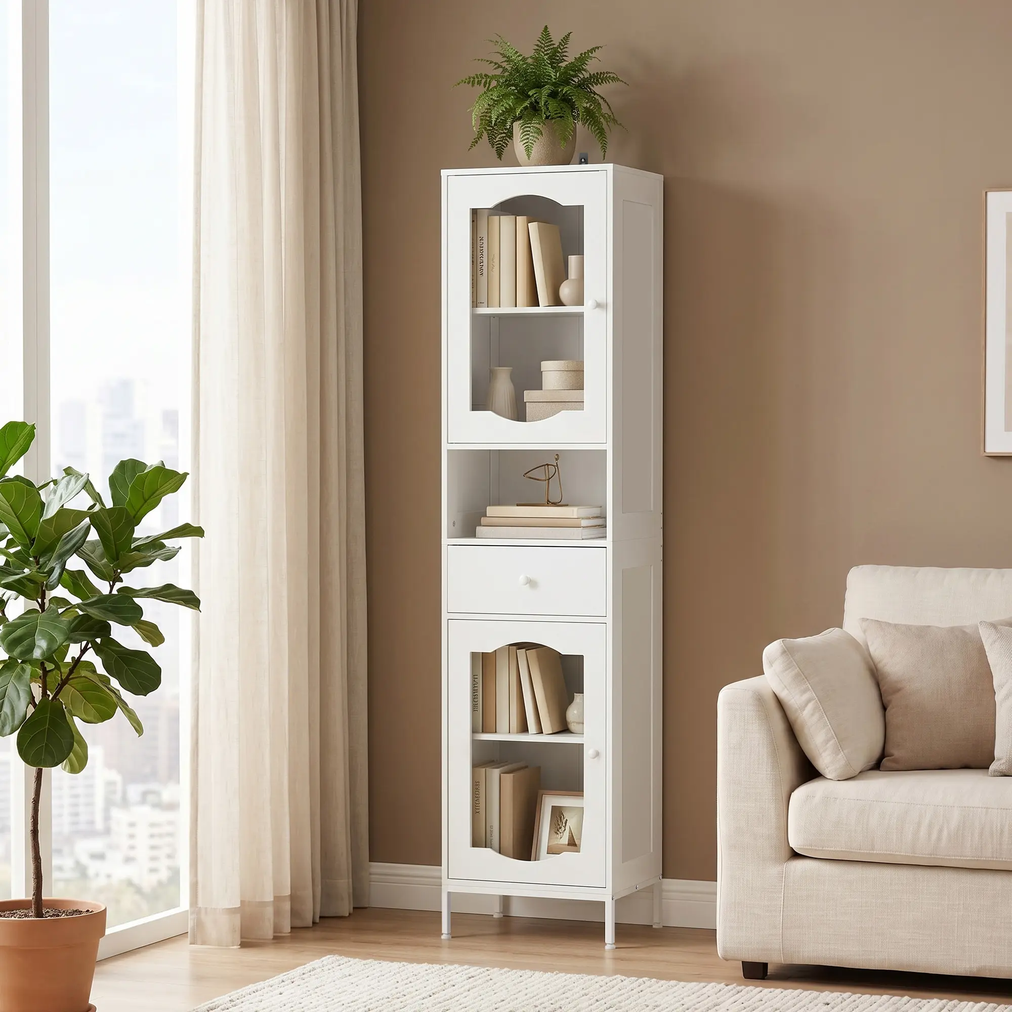 Single Unit Metal Base Cabinet - 15.8x11.8x66.4in Tall Indoor Cupboard with Classic Arch, Metal Legs, Adjustable Shelves, Glass Doors, Anti-Tip Bolt for Kitchen, Bathroom Organization