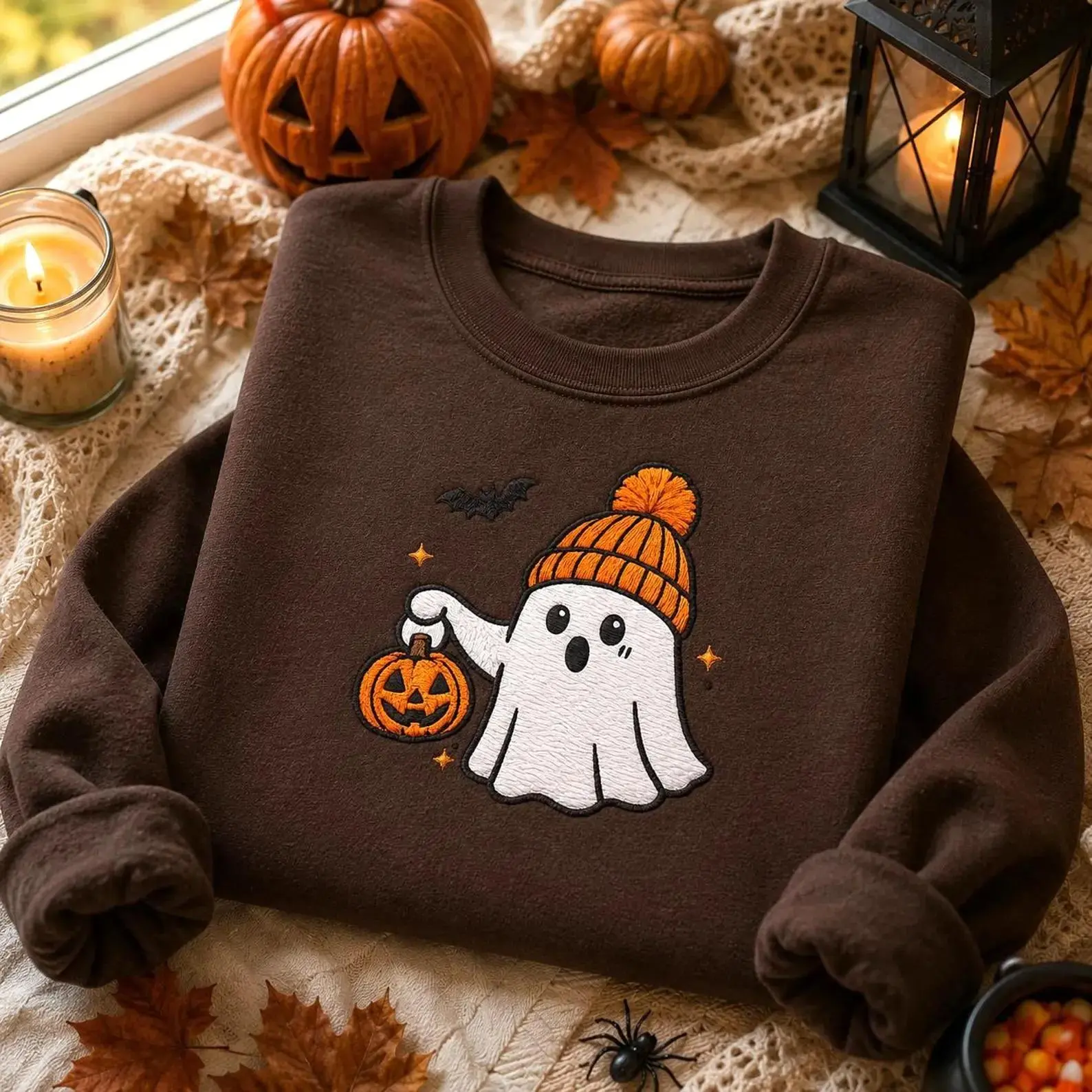 [Made in US] Embroidered Ghost Sweatshirt Cute Pumpkin Halloween Crewneck Spooky Season Brown Pullover