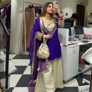 Women purple plazo set Indian party wear wedding outfit Diwali outfit