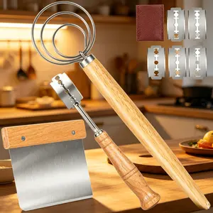 Danish Dough Whisk Set of 3 – Sourdough Bread Making Tools with Dough Scraper, Lame Scoring Tool & Blades – Dutch Style Whisks for Dough, Bread Baking Supplies