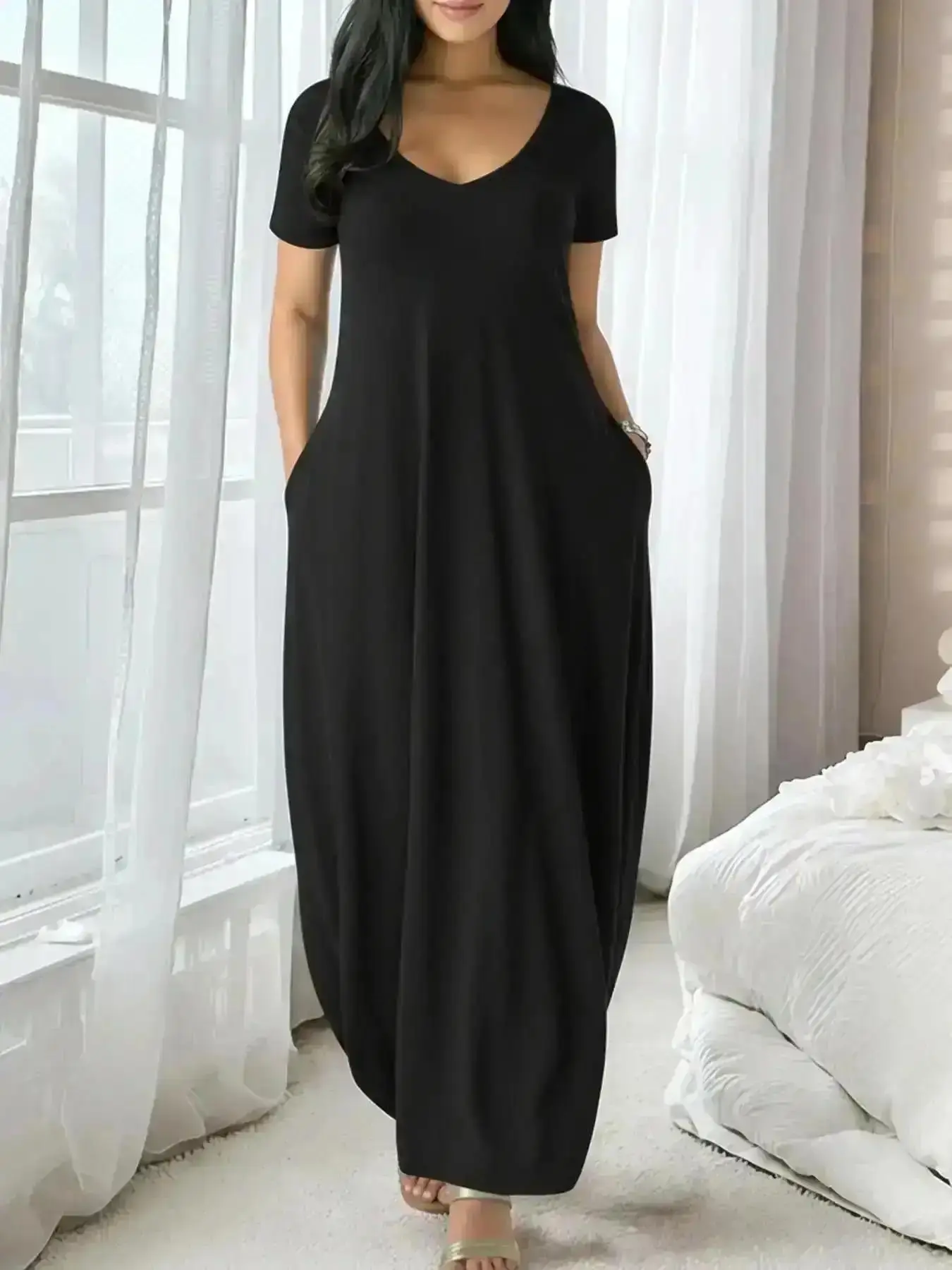 Fashion Women's Long Fitted Coffee Dress, Large Round Neck Short Sleeve Pocket Sleepwear, Casual Home Clothing Soft Fabric All Seasons Wear, Wear Elegant Modern Classic Comfortable Stretchy Relaxed Lightweight Breathable
