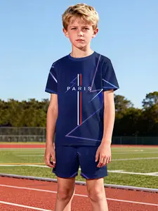 Lightning PARIS two-piece short-sleeve and shorts set, 100% polyester casual loose set, summer fun printed patterns, outdoor sports T-shirt set, Sportswear Set, the perfect gift for boys