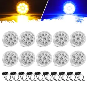 Partsam 10Pcs Dual Revolution 2 inch Round 9LED Marker Light, Amber Side Marker Clearance Lights to Blue Auxiliary Lights for Trailer Truck, Clear Lens,12V, Waterproof